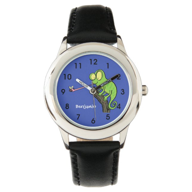 Niedlicher, lustig-grün-fröhlicher Chameleon-Carto Armbanduhr (Vorderseite)
