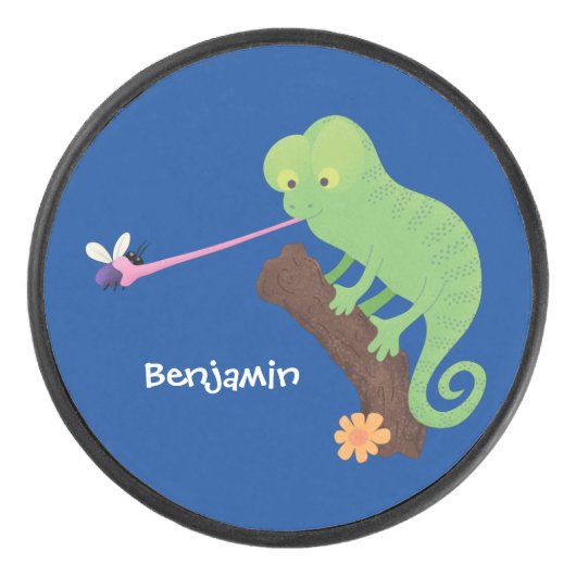 Niedlicher, lustig-grün-fröhlicher Chameleon-Carto Eishockey Puck (Vorderseite)