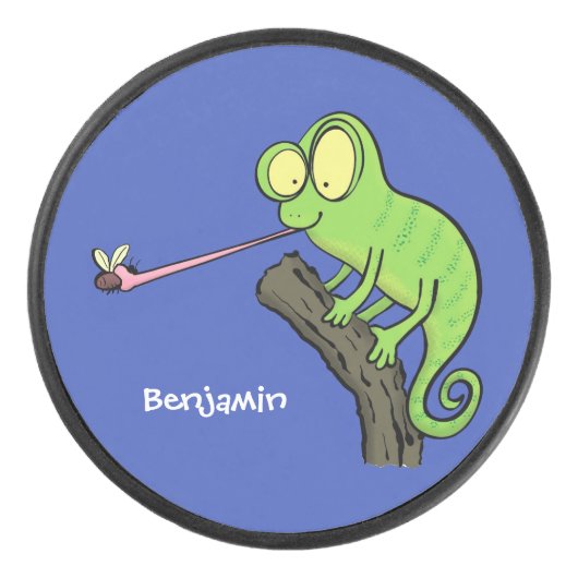 Niedlicher, lustig-grün-fröhlicher Chameleon-Carto Eishockey Puck (Vorderseite)