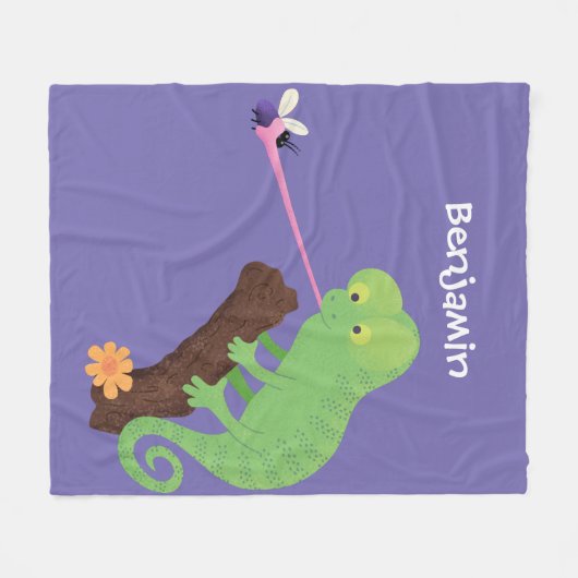 Niedlicher, lustig-grün-fröhlicher Chameleon-Carto Fleecedecke (Vorderseite (Horizontal))