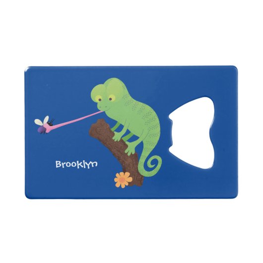 Niedlicher, lustig-grün-fröhlicher Chameleon-Carto Geldbeutel Flaschenöffner (Vorderseite (Horizontal))