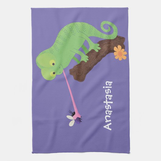 Niedlicher, lustig-grün-fröhlicher Chameleon-Carto Geschirrtuch (Vertikal)