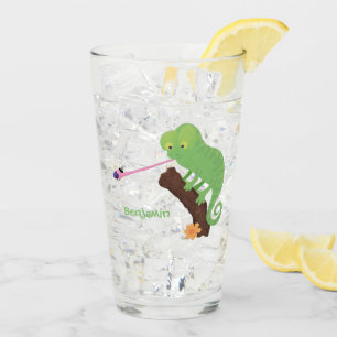Niedlicher, lustig-grün-fröhlicher Chameleon-Carto Glas