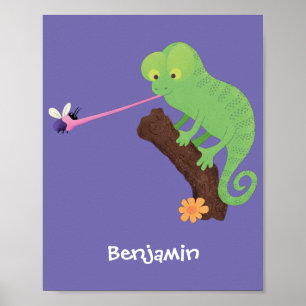 Niedlicher, lustig-grün-fröhlicher Chameleon-Carto Poster