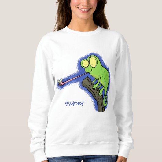 Niedlicher, lustig-grün-fröhlicher Chameleon-Carto Sweatshirt (Vorderseite)