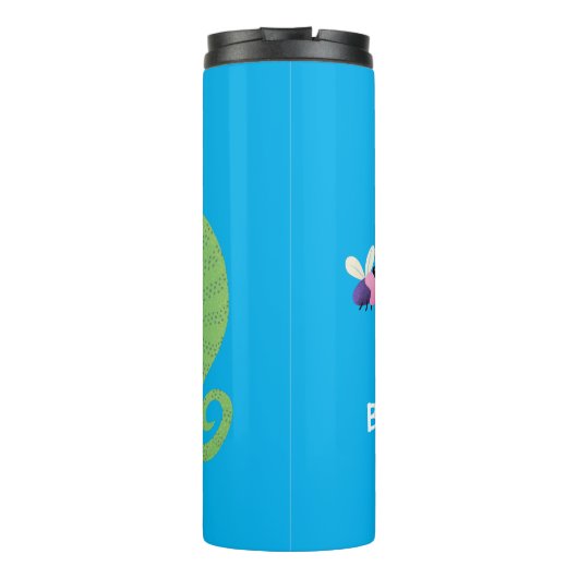 Niedlicher, lustig-grün-fröhlicher Chameleon-Carto Thermosbecher (Rückseite)