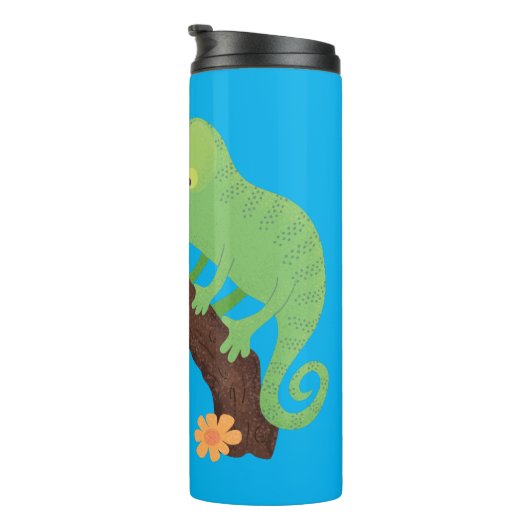 Niedlicher, lustig-grün-fröhlicher Chameleon-Carto Thermosbecher (Nach rechts gedreht)