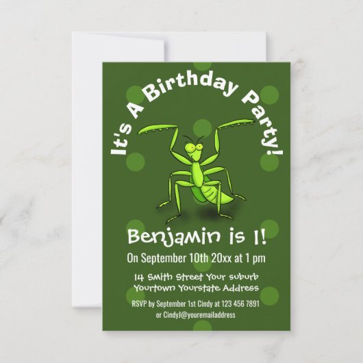 Niedlicher, lustig-grüner Gottesanbeter Cartoon Einladung (Vorderseite)