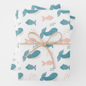 Niedlicher, lustiger Blauwal und Fisch. Nautische  Geschenkpapier Set (Beispiel)