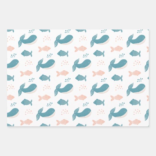 Niedlicher, lustiger Blauwal und Fisch. Nautische Geschenkpapier Set (Vorderseite)
