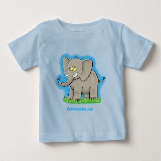 Niedlicher, lustiger Elefant mit Vogel auf Cartoon Baby T-shirt (Vorderseite)