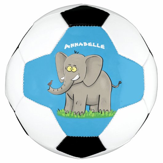 Niedlicher, lustiger Elefant mit Vogel auf Cartoon Fußball (Vorderseite)