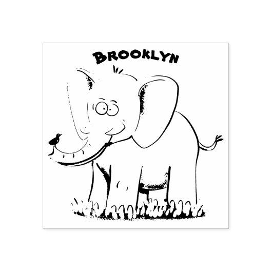 Niedlicher, lustiger Elefant mit Vogel auf Cartoon Gummistempel (Prägung)