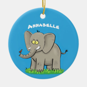Niedlicher, lustiger Elefant mit Vogel auf Cartoon Keramik Ornament