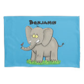 Niedlicher, lustiger Elefant mit Vogel auf Cartoon Kissenbezug (Vorderseite)