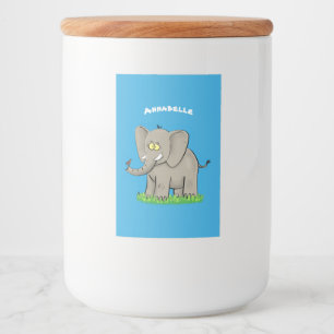 Niedlicher, lustiger Elefant mit Vogel auf Cartoon Lebensmitteletikett