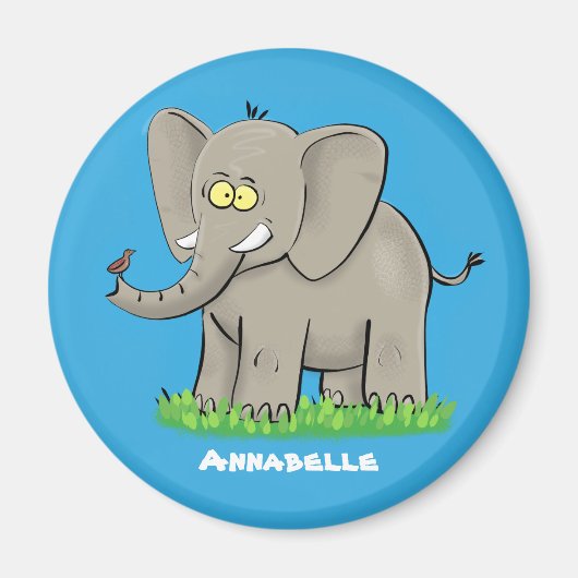 Niedlicher, lustiger Elefant mit Vogel auf Cartoon Magnet (Vorne)