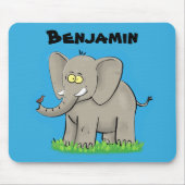 Niedlicher, lustiger Elefant mit Vogel auf Cartoon Mousepad (Vorne)