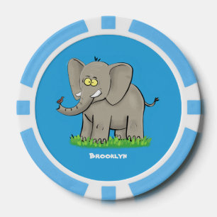 Niedlicher, lustiger Elefant mit Vogel auf Cartoon Pokerchips