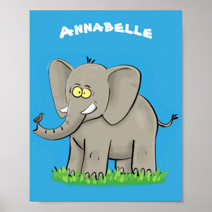 Niedlicher, lustiger Elefant mit Vogel auf Cartoon Poster