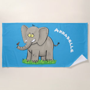 Niedlicher, lustiger Elefant mit Vogel auf Cartoon Strandtuch