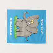 Niedlicher, lustiger Elefant mit Vogel auf Cartoon Wandteppich (Vorderseite (Horizontal))