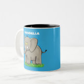 Niedlicher, lustiger Elefant mit Vogel auf Cartoon Zweifarbige Tasse (Vorderseite Links)