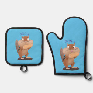 Niedlicher lustiger großer Wangen-Chipmunk-Cartoon Ofenhandschuh & Topflappen-Set