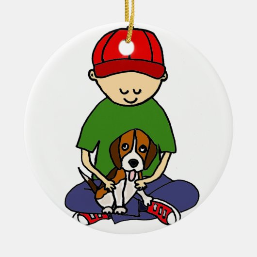 Niedlicher lustiger Junge mit seinem HundeCartoon Keramikornament (Vorne)
