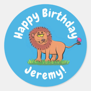 Niedlicher lustiger Löwe mit Schmetterling-Cartoon Runder Aufkleber