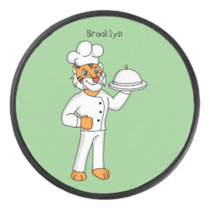 Niedlicher lustiger Tiger Koch Cartoon Illustratio Eishockey Puck