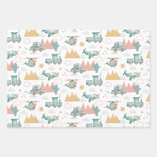 Niedlicher lustiger Transport und Tiere. Baby-Must Geschenkpapier Set (Vorderseite 3)