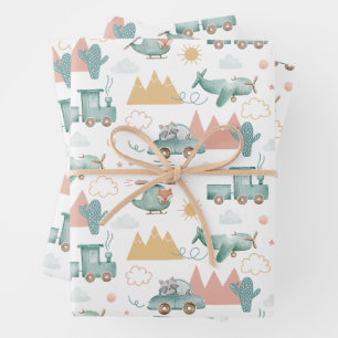 Niedlicher lustiger Transport und Tiere. Baby-Must Geschenkpapier Set