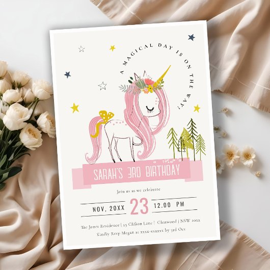 Niedlicher magischer Einhorn Rosa Gelber Kindergeb Einladung