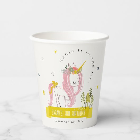 Niedlicher magischer Einhorn Rosa Gelber Kindergeb Pappbecher (Vorderseite)