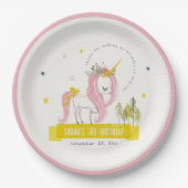 Niedlicher magischer Einhorn Rosa Gelber Kindergeb Pappteller (Vorderseite)