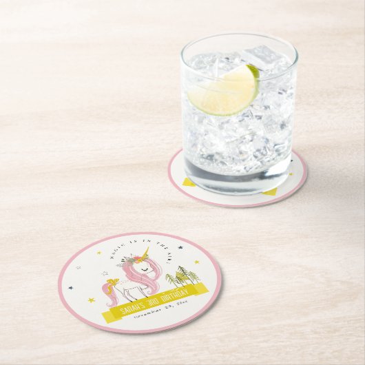 Niedlicher magischer Einhorn Rosa Gelber Kindergeb Runder Pappuntersetzer (Vor Ort)