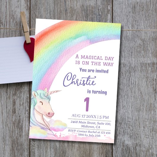 Niedlicher magischer, moderner Einhornregenbogen 1 Einladung