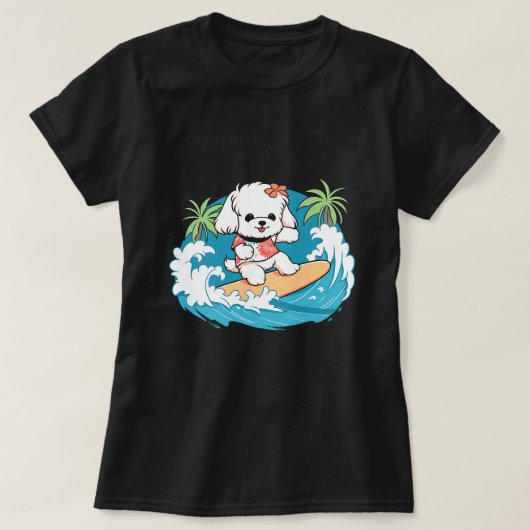 Niedlicher maltesischer Hund surft im Paradies T-Shirt (Design vorne)