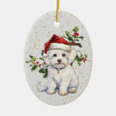 Niedlicher maltesischer Hund Weihnachten Holly Keramik Ornament (Vorne)