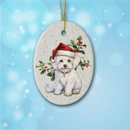 Niedlicher maltesischer Hund Weihnachten Holly Keramik Ornament