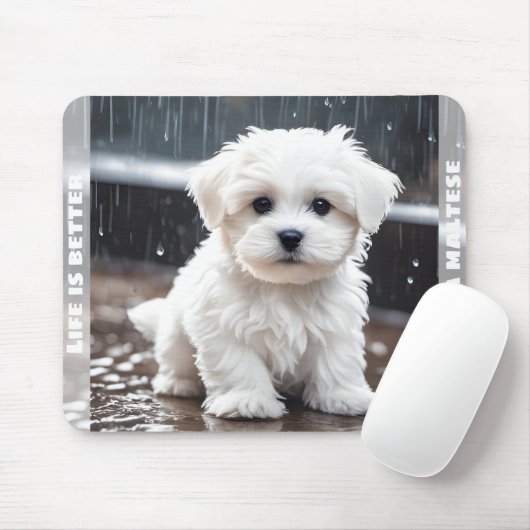 Niedlicher maltesischer Hund Welpe Fall Rain Indiv Mousepad (Mit Mouse)