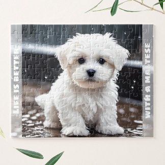 Niedlicher maltesischer Hund Welpe Fall Rain Indiv Puzzle