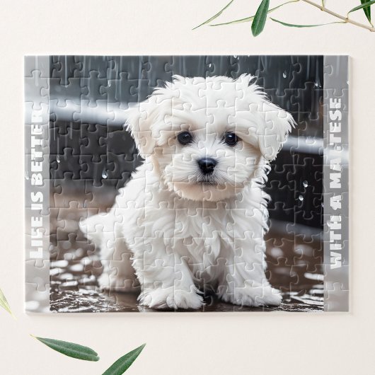 Niedlicher maltesischer Hund Welpe Fall Rain Indiv Puzzle