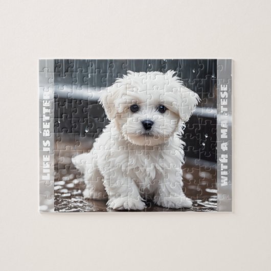 Niedlicher maltesischer Hund Welpe Fall Rain Indiv Puzzle (Horizontal)