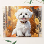 Niedlicher maltesischer Welpe Pumpkin Herbst Name Puzzle<br><div class="desc">Niedliches Jigsaw-Puzzle mit einem bezaubernden, weißen Wasserfarben-Hund maltesischen Welpen im Herbst. Es ist ein niedliches personalisiertes kleine Geschenk, ein kleines Geschenk für Erntedank oder ein Geburtstagsgeschenk für Kinder und alle Hundefreunde. Es kommt mit einem Karton-Handkoffer mit einem Puzzlebild auf dem Deckel! Personalisieren Sie den Text einfach oder verließ ihn leer....</div>