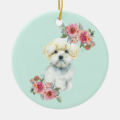 Niedlicher maltesischer Welpenhund mit Blume Wasse Keramik Ornament (Vorne)