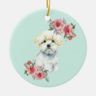 Niedlicher maltesischer Welpenhund mit Blume Wasse Keramik Ornament