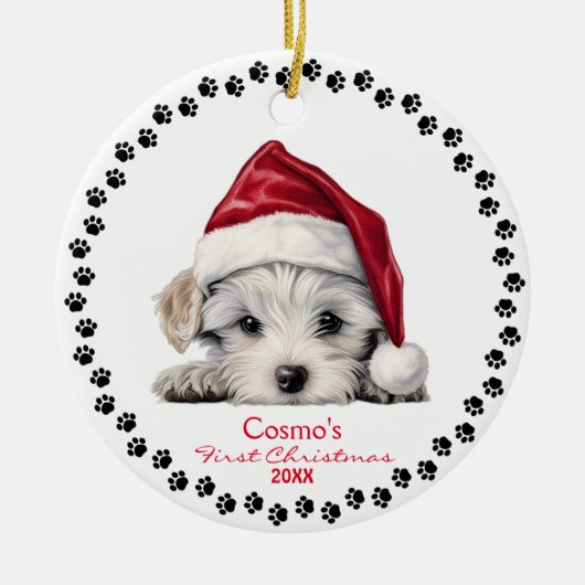 Niedlicher maltesischer Welpenhund Weihnachtsmannm Keramik Ornament (Vorne)