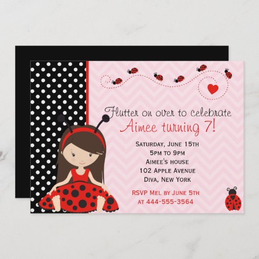 Niedlicher Marienkäfer-Marienkäfermädchenentwurf Einladung (Vorne/Hinten)
